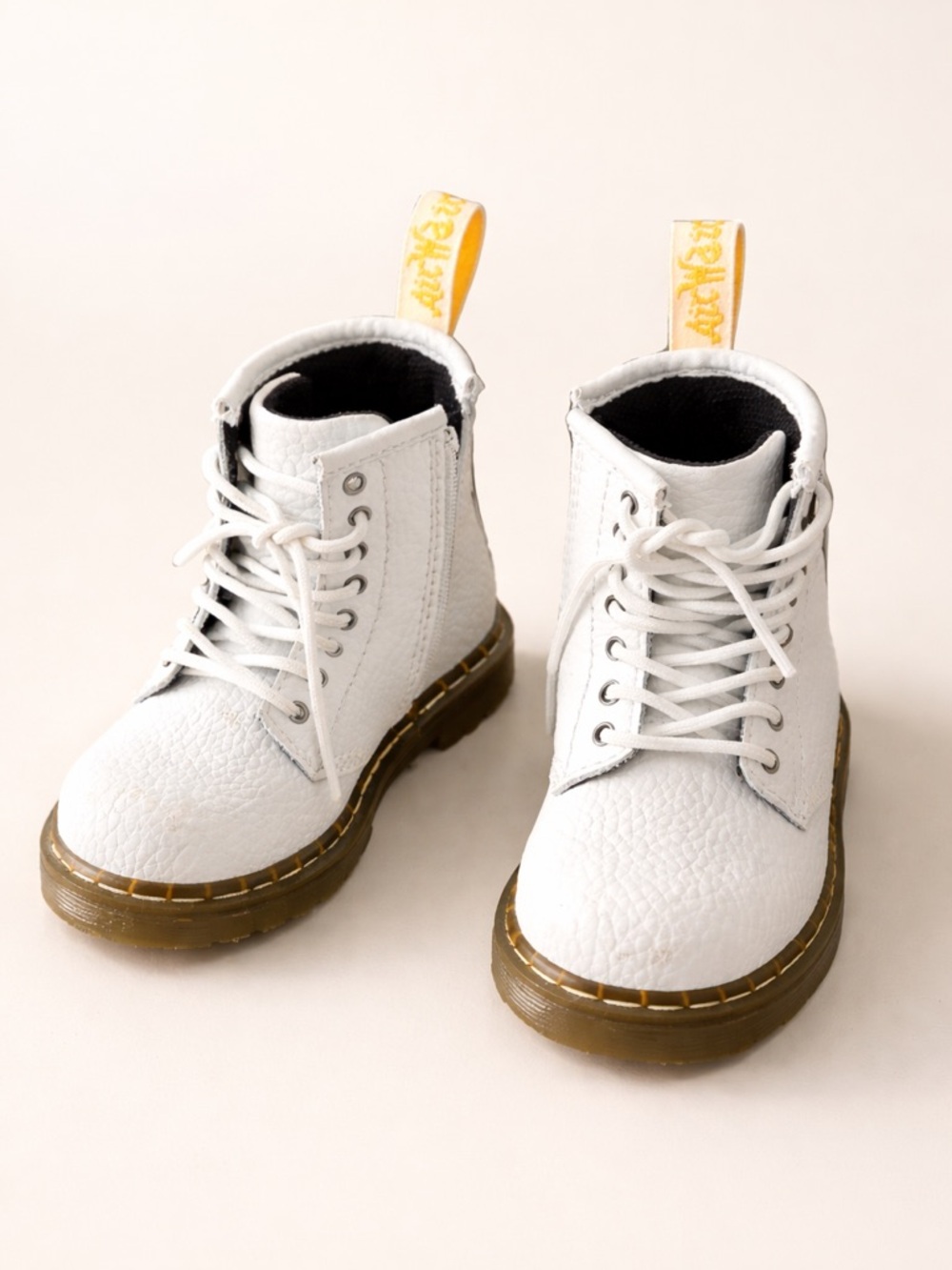 Dr Martens White Kids Leather Lace-Up Boots with Yellow Heel Loop